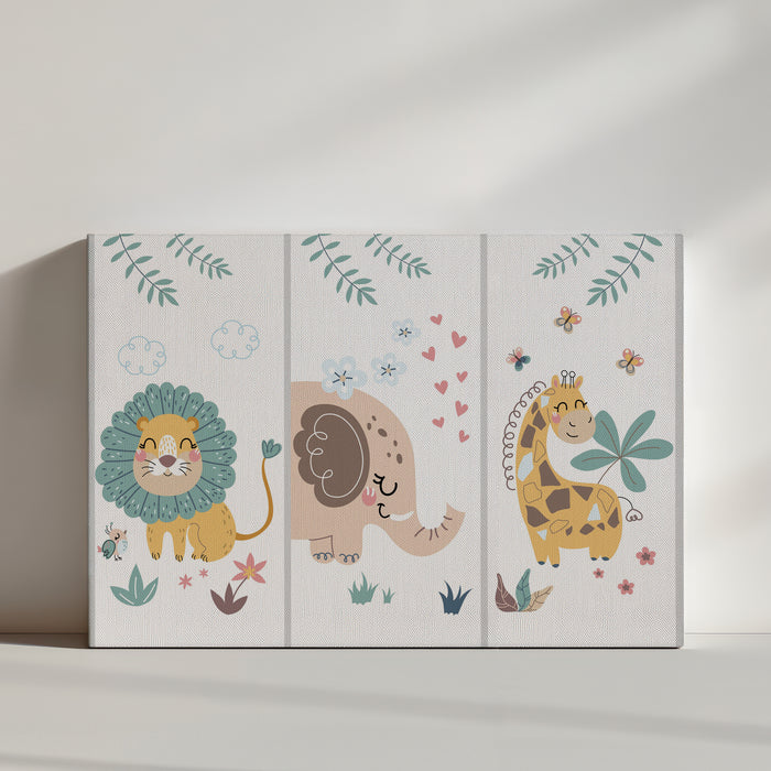 Tier-Wandbild Babyzimmer. Ein Löwe, ein Elefant und eine Giraffe, niedlich und lustig