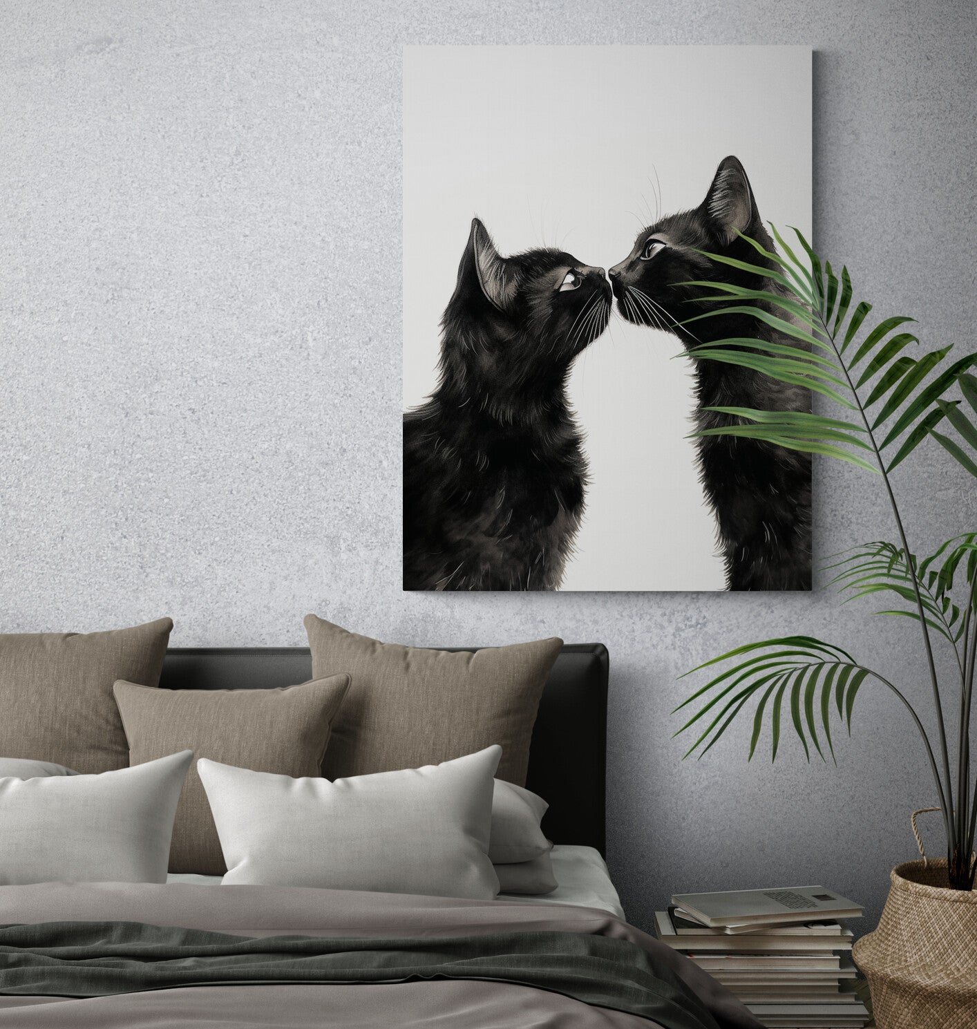 Le regard intense de deux félins se capture sur une toile, dominant une chambre cosy aux tons neutres.
