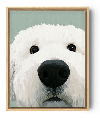 Tableau animaux chien blanc au regard tendre sur fond vert, peinture acrylique moderne