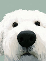Tableau animaux chien blanc au regard tendre sur fond vert, peinture acrylique moderne