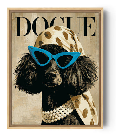 Tierbild schwarzer Hund blaue Brille und Halstuch im Mode-Magazin-Retro-Stil