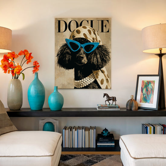 Minimalist living room with glam poodle canvas print – blue sunglasses and leopard scarf