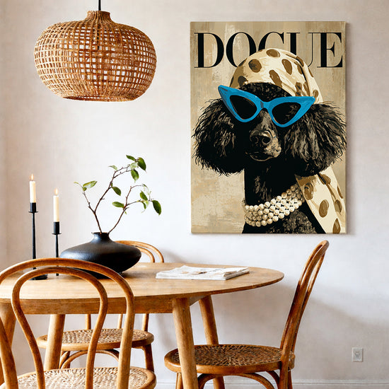 Fashion dog canvas wall art – black poodle with blue sunglasses and leopard scarf in dining room decor
