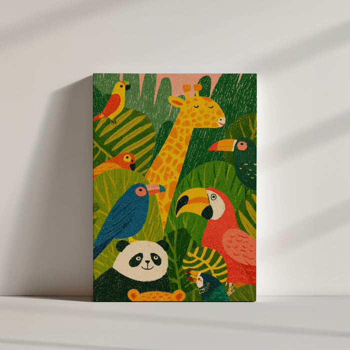 Vibrant jungle animals illustration in naive art style, perfect nursery or kids room wall art
