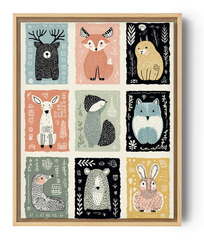 Neuf illustrations d'animaux stylisés sur fond coloré, ambiance douce et ludique pour une chambre d'enfant