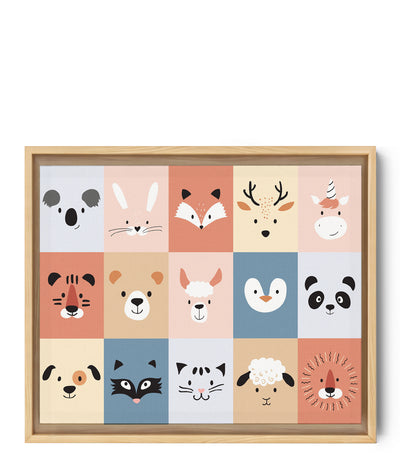 Tableau animaux chambre bebe : Une grille de 15 animaux colorés, tous différents
