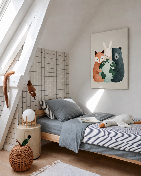 un tableau dans une chambre de garçons sur le thème eme de la nature et la protection de la terre