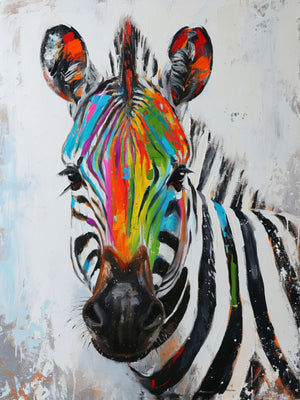 The vibrant illustration of the zebra with multicolored stripes.