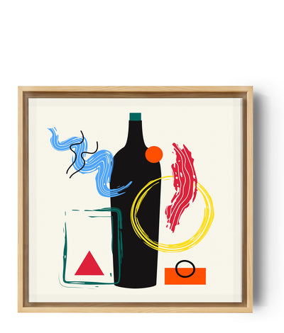 Tableau modernes apéro avec une bouteille de vin noir et des formes géométriques colorées