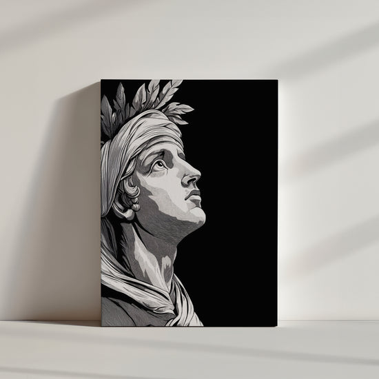 Monochrome Apollo statue wall art inspired by classical sculpture; skyward gaze, laurel wreath and turban; elegant, timeless home decor