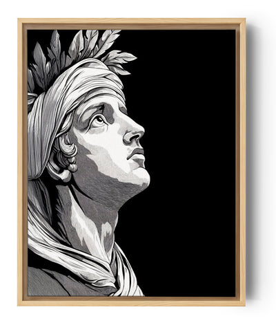 Decoratief zwart-wit schilderij van Apollo, geïnspireerd door antieke sculpturen. Zijn blik gericht naar de hemel drukt wijsheid en contemplatie uit. Lauwerkrans en tulband brengen een klassieke en elegante toets. Ideaal voor een verfijnde en tijdloze decoratie.