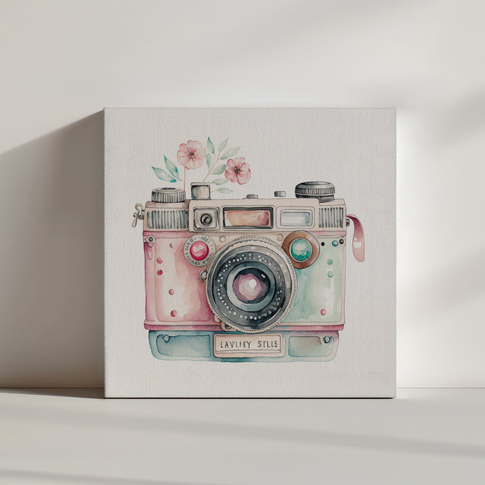 Valentine vintage camera watercolor wall art in pastel colors