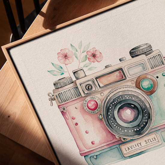 Floral vintage camera wall art for living room in a golden oak frame
