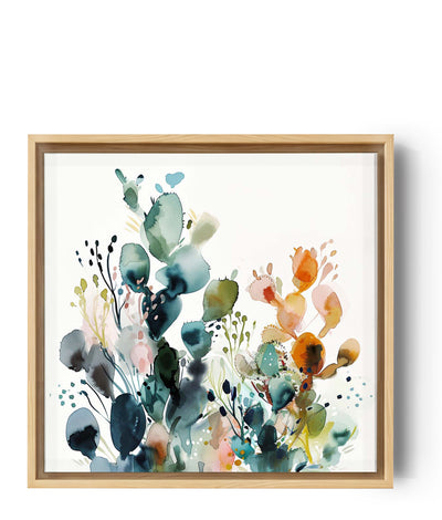 abstract schilderij in pastel- en aquatische tinten met bloemenmotieven.