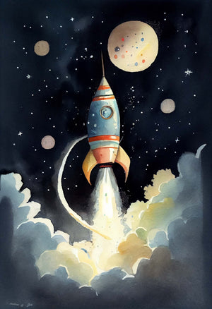 A wall art scene featuring a vintage rocket ascending into a starry sky, surrounded by pastel-toned planets. Painted in a watercolor style with smoke clouds beneath the rocket. Dreamy ambiance perfect for a child's room.