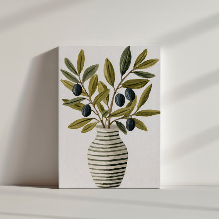 Aquarelle, une illustration simple de branches d'olivier dans un vase élégant avec des feuilles vertes rayées et des olives sur fond blanc, dans des tons doux et naturel
