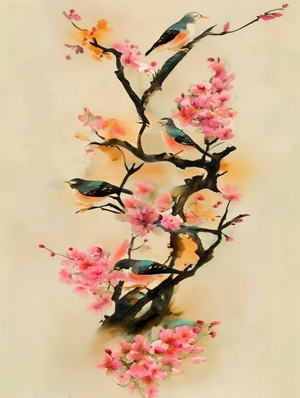 tableaux d'hirondelles au printemps perché dans un cerisier fleurie , technique pastel, peinture chinoise