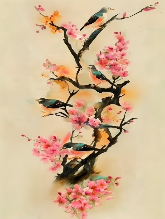 tableaux d'hirondelles au printemps perché dans un cerisier fleurie , technique pastel, peinture chinoise