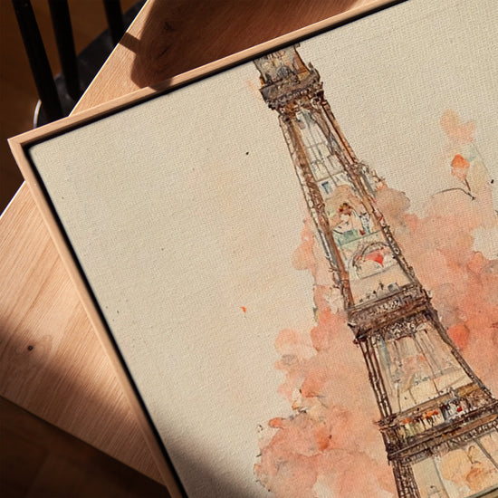 Aquarelle Tour Eiffel tableau pour salon cadre chêne doré