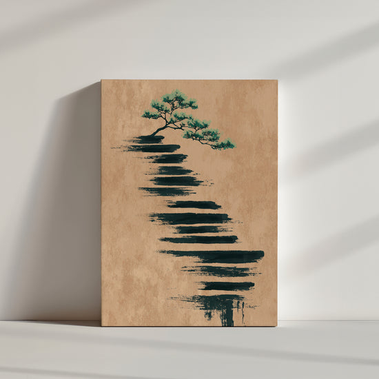 Tableau mural minimaliste avec arbre sur fond beige, style zen apaisant