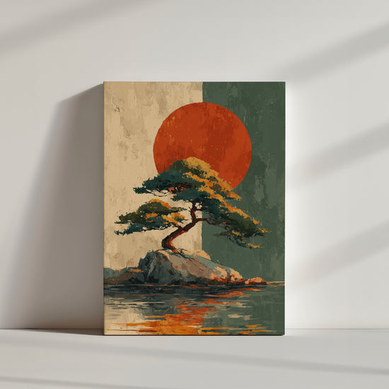 Tableau mural arbre solitaire sur île avec grand cercle rouge, style zen paysage