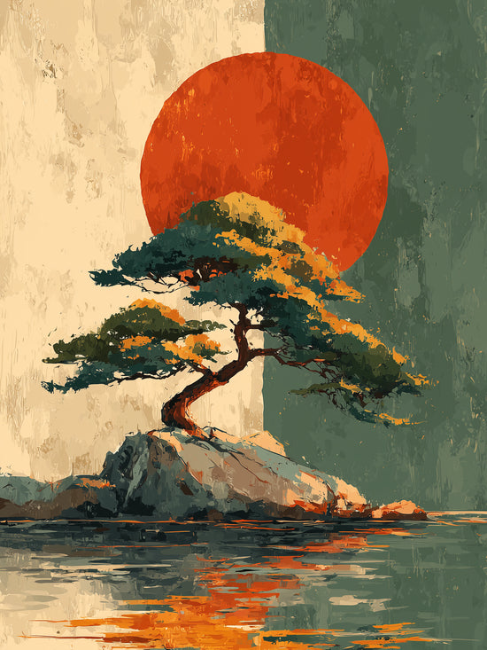 Wall art of solitary tree on island with large red circle, zen landscape style