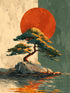 Wall art of solitary tree on island with large red circle, zen landscape style