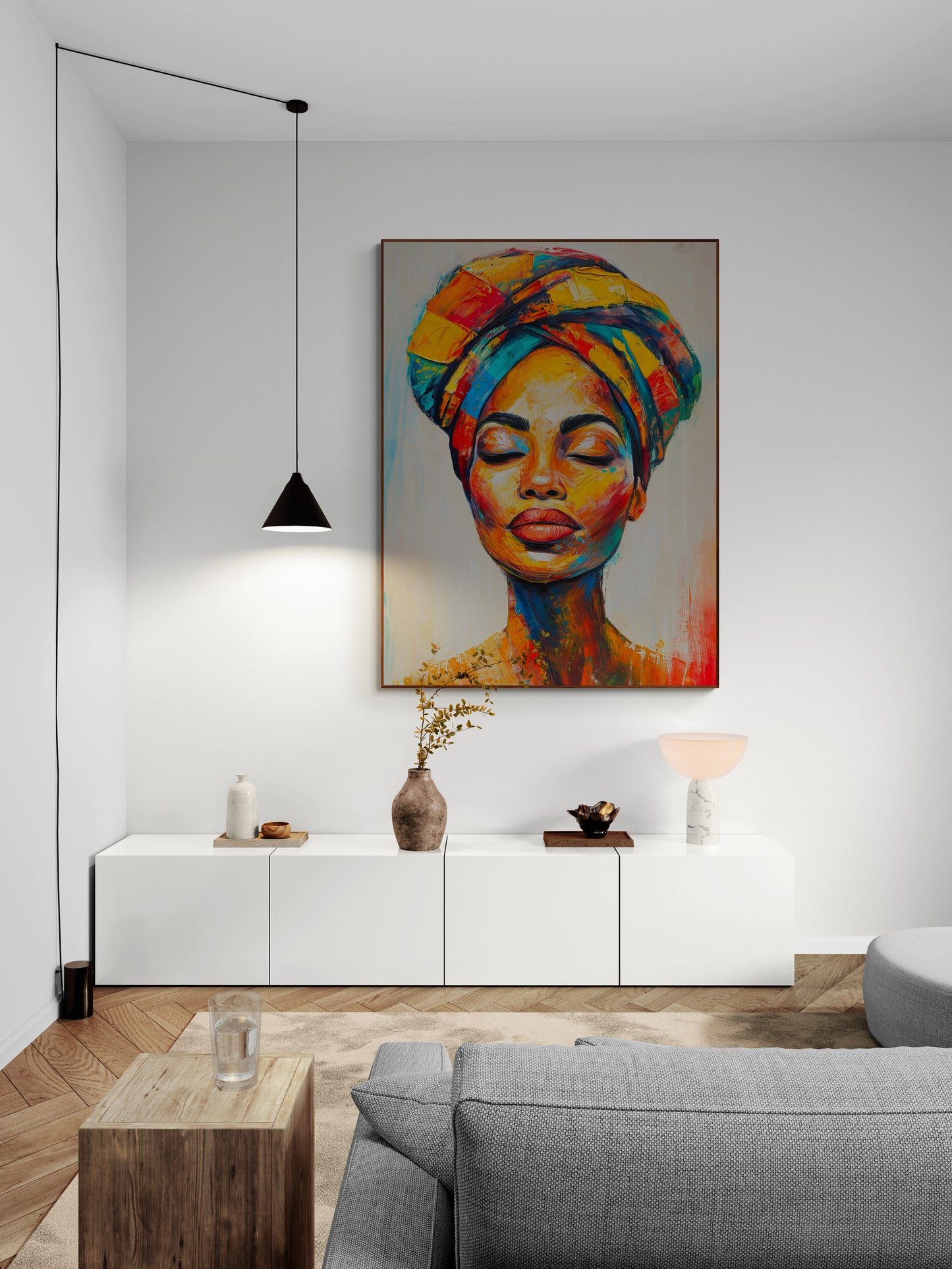 Tableau coloré de femme africaine au-dessus d'une console blanche moderne.