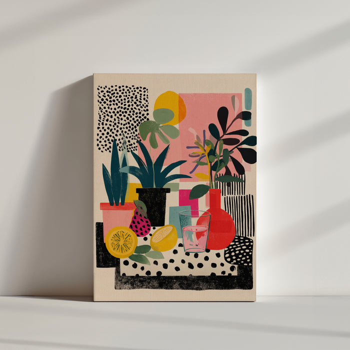 Art-déco-Wandbild mit botanischen Motiven und farbigen Früchten, moderner eklektischer Stil