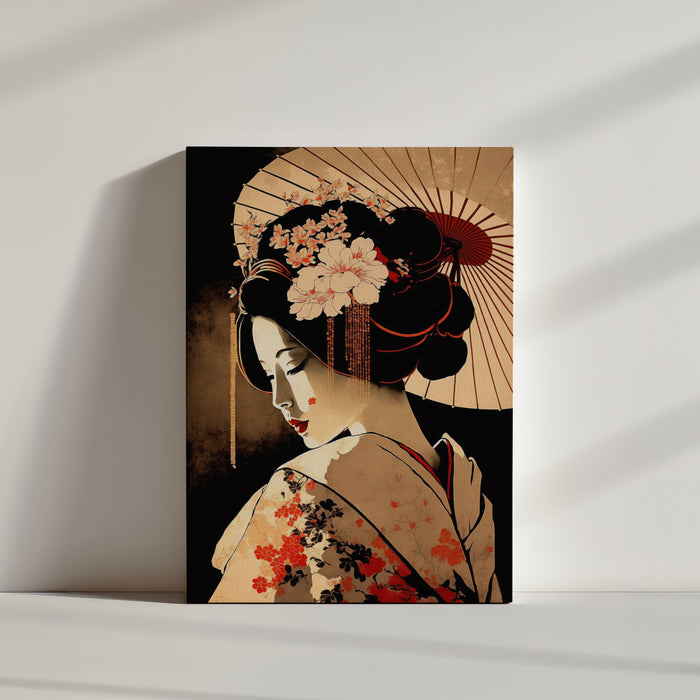 Vintage Japanese canvas wall art, Geisha and orchid motif