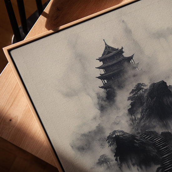 Temple asiatique brume zen tableau pour salon cadre chêne doré