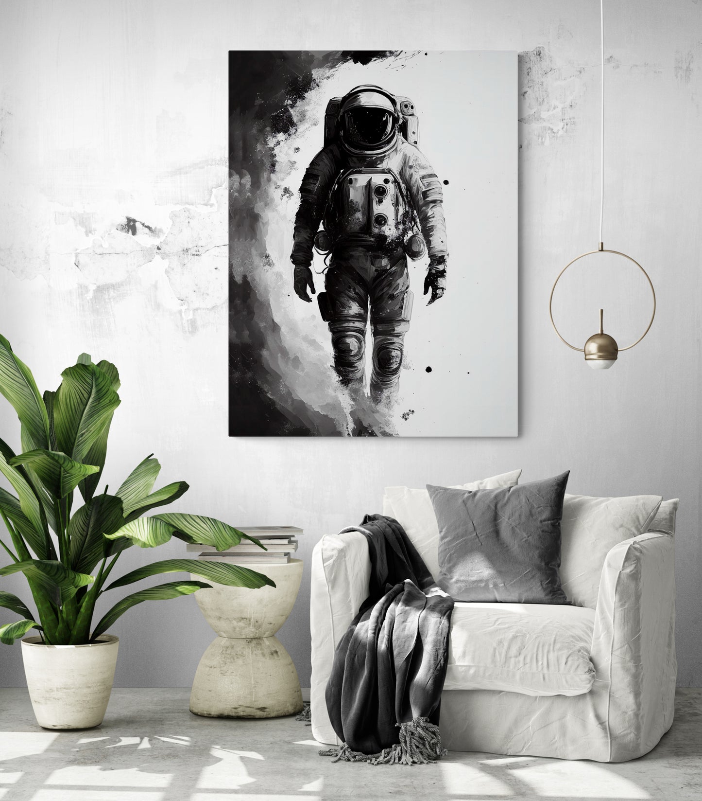 Tableau astronaute noir et blanc : élégance, mystère, conquête spatiale.