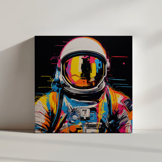 Colorful pop art astronaut splashed with neon ink, helmet reflecting a city skyline on a black background