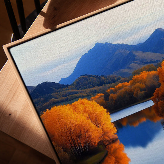 Fall lake and mountain landscape wall art for Scandinavian living room decor