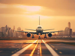 A photograph of an aircraft preparing for landing on the runway, with the setting sun and city skyline in the background.