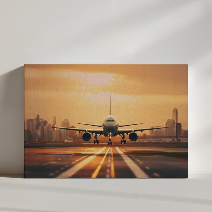 Photo of an airplane landing on a runway at sunset with a city skyline in the background