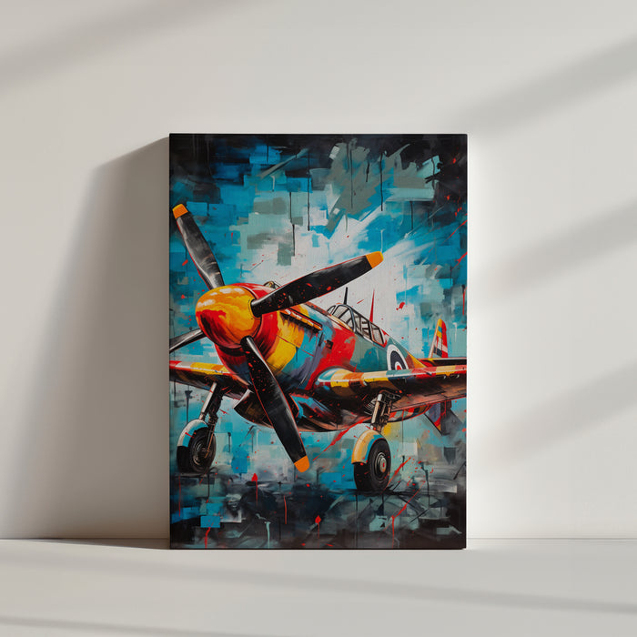 Vibrant, energetic fighter jet illustration with bold colors and dynamic paint splashes on a turbulent blue background, modern wall art print