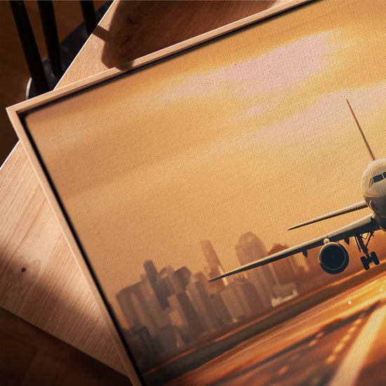 Tableau avion coucher de soleil pour salon cadre chêne doré