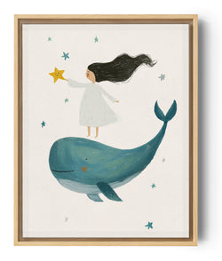 Tableau fillette sur baleine bleue, illustration étoilée