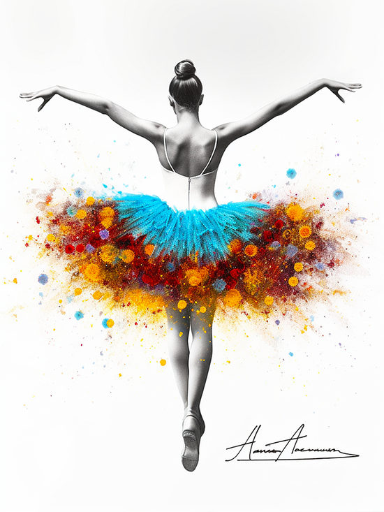 Art mural personnalisable représentant une ballerine avec un tutu floral, alliant vivacité et poésie.