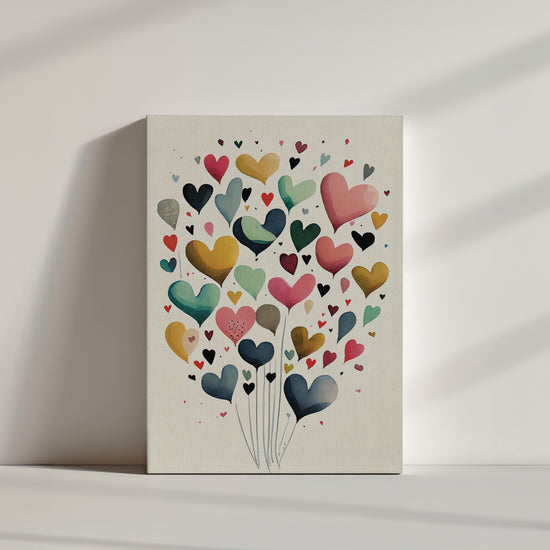 Tableau de ballons en forme de cœur qui s’envolent vers le ciel