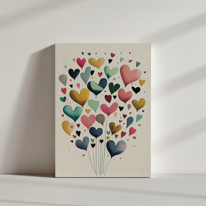Tableau de ballons en forme de cœur qui s’envolent vers le ciel