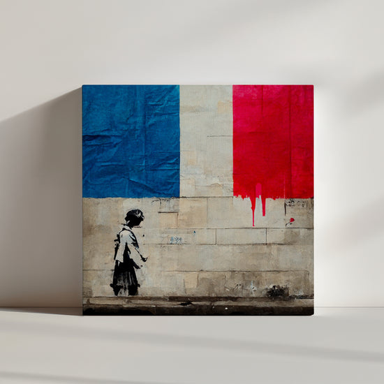 Banksy-inspired street art: young girl gazing at the French flag, symbolizing France’s struggles, hope, and a brighter future