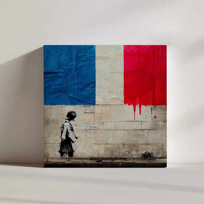Banksy-inspired street art: young girl gazing at the French flag, symbolizing France’s struggles, hope, and a brighter future