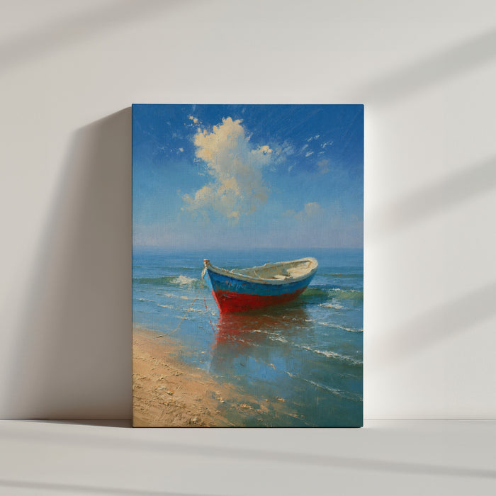 Tableau sur toile barque colorée plage mer turquoise ambiance minimaliste mur blanc décoration murale apaisante