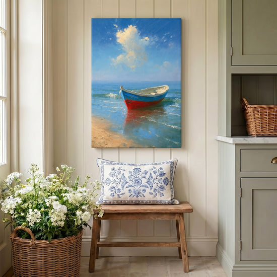 Tableau sur toile barque colorée plage mer turquoise décoration murale salon ambiance marine apaisante