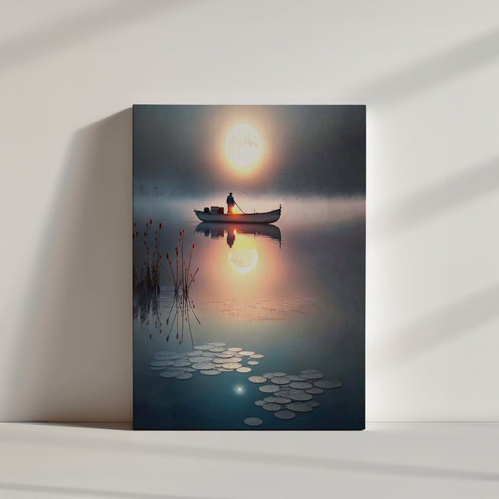 Tableau barque traditionnelle, lune, lac et nénuphars envoûtants.