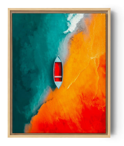Ocean seascape canvas print with a single boat centered, yellow and blue water