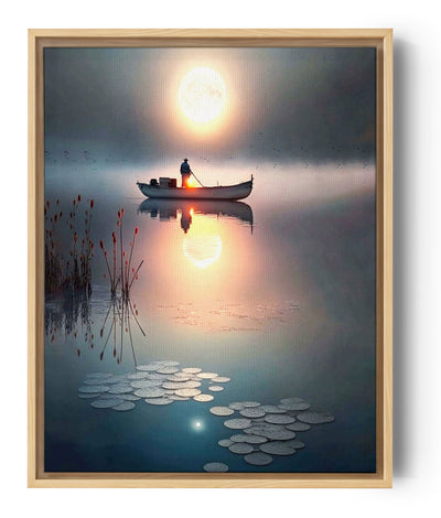 Traditional boat on a moonlit lake with water lilies, enchanting canvas wall art