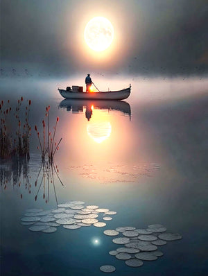 Traditional boat artwork, moon, lake, and enchanting lilies.